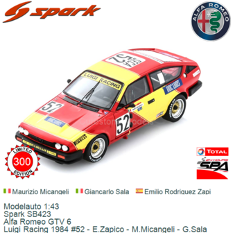 Modelauto 1:43 | Spark SB423 | Alfa Romeo GTV 6 | Luigi Racing 1984 #52 - E.Zapico - M.Micangeli - G.Sala