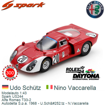 Modelauto 1:43 | Spark US244 | Alfa Romeo T33-2 | Autodelta S.p.a. 1968 - U.Sch&amp;#252;tz - N.Vaccarella