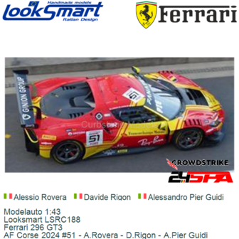Modelauto 1:43 | Looksmart LSRC188 | Ferrari 296 GT3 | AF Corse 2024 #51 - A.Rovera - D.Rigon - A.Pier Guidi