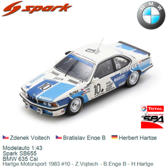 Modelauto 1:43 | Spark SB655 | BMW 635 Csi | Hartge Motorsport 1983 #10 - Z.Vojtech - B.Enge B - H.Hartge 