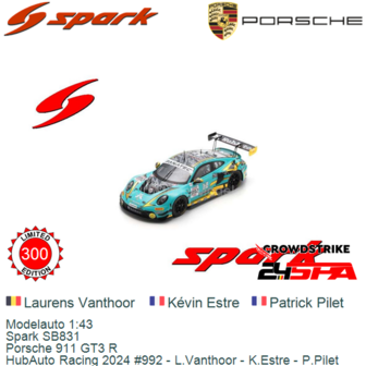 Modelauto 1:43 | Spark SB831 | Porsche 911 GT3 R | HubAuto Racing 2024 #992 - L.Vanthoor - K.Estre - P.Pilet