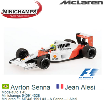Modelauto 1:43 | Minichamps 540914328 | McLaren F1 MP4/6 1991 #1 - A.Senna - J.Alesi