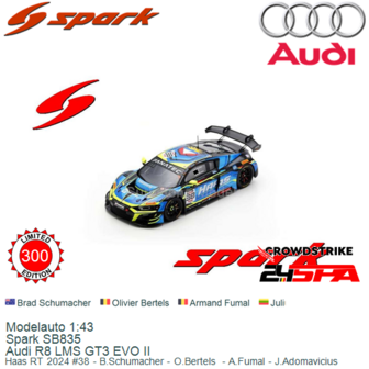 Modelauto 1:43 | Spark SB835 | Audi R8 LMS GT3 EVO II | Haas RT 2024 #38 - B.Schumacher - O.Bertels  - A.Fumal - J.Adomavicius