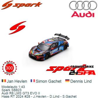 Modelauto 1:43 | Spark SB823 | Audi R8 LMS GT3 EVO II | Haas RT 2024 #28 - J.Heylen - D.Lind - S.Gachet