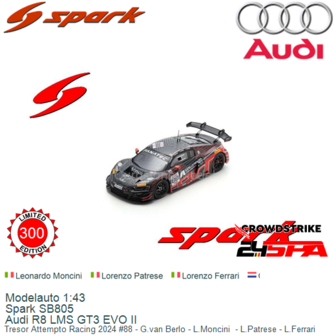 Modelauto 1:43 | Spark SB805 | Audi R8 LMS GT3 EVO II | Tresor Attempto Racing 2024 #88 - G.van Berlo - L.Moncini  - L.Patrese 