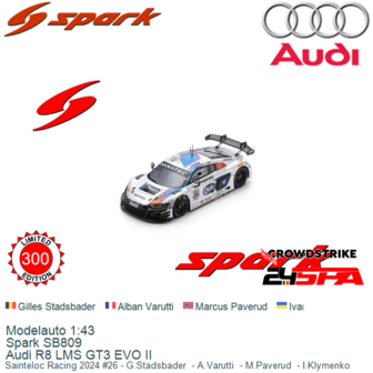 Modelauto 1:43 | Spark SB809 | Audi R8 LMS GT3 EVO II | Sainteloc Racing 2024 #26 - G.Stadsbader  - A.Varutti  - M.Paverud  - I