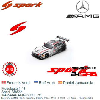 Modelauto 1:43 | Spark SB822 | Mercedes AMG GT3 EVO | Mercedes-AMG Team GruppeM Racing 2024 #130 - F.Vesti  - R.Aron  - D.Junca