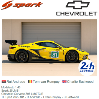 Modelauto 1:43 | Spark 25LM81 | Chevrolet Corvette Z06 LMGT3 R | TF Sport 2025 #81 - R.Andrade - T.van Rompuy - C.Eastwood