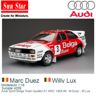 Modelauto 1:18 | Sunstar 4259 | Audi Sport Belga Team Quattro A1 WRC 1984 #8 - M.Duez - W.Lux