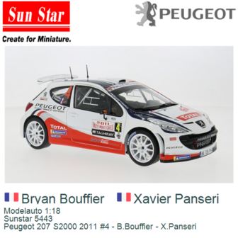Modelauto 1:18 | Sunstar 5443 | Peugeot 207 S2000 2011 #4 - B.Bouffier - X.Panseri