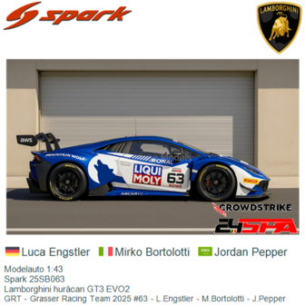 Modelauto 1:43 | Spark 25SB063 | Lamborghini hur&aacute;can GT3 EVO2 | GRT - Grasser Racing Team 2025 #63 - L.Engstler - M.Bortol