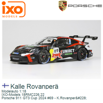Modelauto 1:18 | IXO-Models 18RMC226.22 | Porsche 911 GT3 Cup 2024 #69 - K.Rovanper&amp;#228;