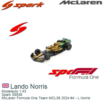 Modelauto 1:43 | Spark S9538 | McLaren Formula One Team MCL38 2024 #4 - L.Norris