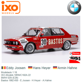 Modelauto 1:18 | IXO-Models 18RMC182A.22 | BMW 520i (E28) | Bastos 1982 #30 - E.Joosen - H.Heyer - A.Hahne