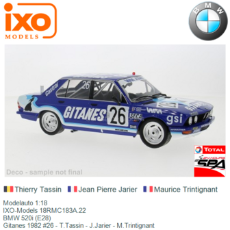 Modelauto 1:18 | IXO-Models 18RMC183A.22 | BMW 520i (E28) | Gitanes 1982 #26 - T.Tassin - J.Jarier - M.Trintignant