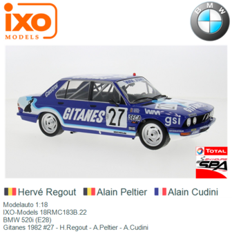 Modelauto 1:18 | IXO-Models 18RMC183B.22 | BMW 520i (E28) | Gitanes 1982 #27 - H.Regout - A.Peltier - A.Cudini