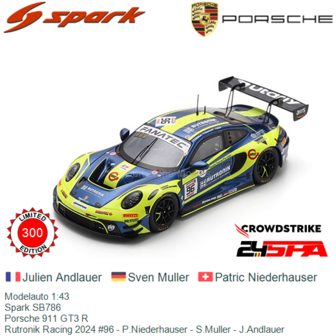 Modelauto 1:43 | Spark SB786 | Porsche 911 GT3 R | Rutronik Racing 2024 #96 - P.Niederhauser - S.Muller - J.Andlauer
