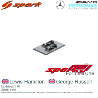 Modelauto 1:64 | Spark Y419 | Mercedes AMG Petronas Formula One Team W13 E-Performance 2024 #44 #63 - L.Hamilton - G.Russell