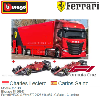 Modelauto 1:43 | Bburago 18-36847 | Ferrari IVECO S-Way 570 2023 #16 #55 - C.Sainz - C.Leclerc