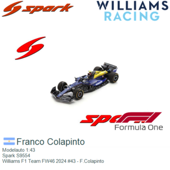 Modelauto 1:43 | Spark S9554 | Williams F1 Team FW46 2024 #43 - F.Colapinto