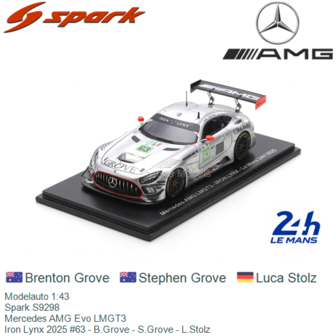 Modelauto 1:43 | Spark S9298 | Mercedes AMG Evo LMGT3 | Iron Lynx 2025 #63 - B.Grove - S.Grove - L.Stolz