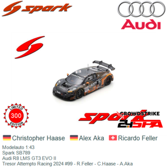 Modelauto 1:43 | Spark SB789 | Audi R8 LMS GT3 EVO II | Tresor Attempto Racing 2024 #99 - R.Feller - C.Haase - A.Aka