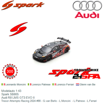 Modelauto 1:43 | Spark SB805 | Audi R8 LMS GT3 EVO II | Tresor Attempto Racing 2024 #88 - G.van Berlo - L.Moncini  - L.Patrese 