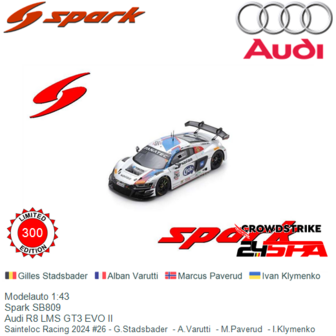 Modelauto 1:43 | Spark SB809 | Audi R8 LMS GT3 EVO II | Sainteloc Racing 2024 #26 - G.Stadsbader  - A.Varutti  - M.Paverud  - I