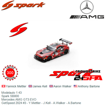 Modelauto 1:43 | Spark SB800 | Mercedes AMG GT3 EVO | GetSpeed 2024 #3 - Y.Mettler - J.Kell - A.Walker - A.Bartone