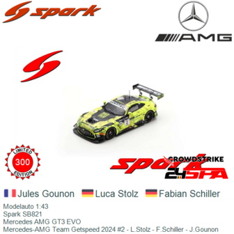 Modelauto 1:43 | Spark SB821 | Mercedes AMG GT3 EVO | Mercedes-AMG Team Getspeed 2024 #2 - L.Stolz - F.Schiller - J.Gounon