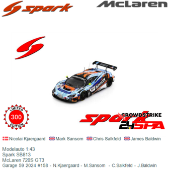 Modelauto 1:43 | Spark SB813 | McLaren 720S GT3 | Garage 59 2024 #158 - N.Kjaergaard - M.Sansom  - C.Salkfeld - J.Baldwin