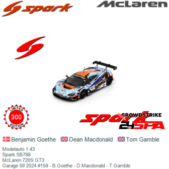 Modelauto 1:43 | Spark SB788 | McLaren 720S GT3 | Garage 59 2024 #159 - B.Goethe - D.Macdonald - T.Gamble