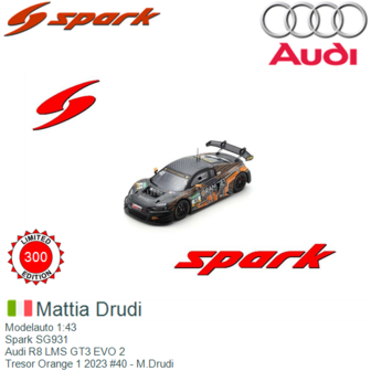 Modelauto 1:43 | Spark SG931 | Audi R8 LMS GT3 EVO 2 | Tresor Orange 1 2023 #40 - M.Drudi