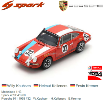 Modelauto 1:43 | Spark 43SPA1968 | Porsche 911 1968 #32 - W.Kauhsen - H.Kelleners - E.Kremer
