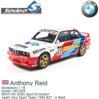 Modelauto 1:18 | Solido 1801529 | BMW M3 (E30) Sport Evolution | Asahi Kiko Sport Team 1993 #27 - A.Reid