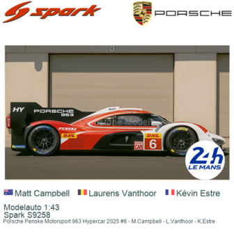 Modelauto 1:43 | Spark S9258 | Porsche Penske Motorsport 963 Hypercar 2025 #6 - M.Campbell - L.Vanthoor - K.Estre