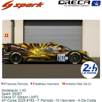 Modelauto 1:43 | Spark S9287 | Oreca 07 Gibson LMP2 | AF-Corse 2025 #183 - F.Perrodo - M.Vaxiviere - A.Da Costa