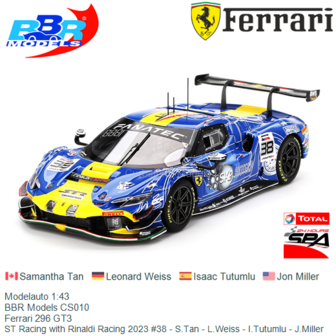 Modelauto 1:43 | BBR Models CS010 | Ferrari 296 GT3 | ST Racing with Rinaldi Racing 2023 #38 - S.Tan - L.Weiss - I.Tutumlu - J.