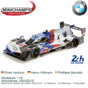 Modelauto 1:18 | Minichamps 155242015 | BMW M M Hybrid V8 LMDH 2024 #15 - D.Vanthoor - M.Wittmann - R.Marciello