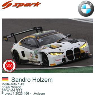 Modelauto 1:43 | Spark SG986 | BMW M4 GT3 | Project 1 2023 #56 -  .Holzem