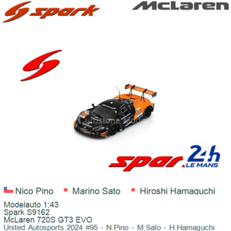 Modelauto 1:43 | Spark S9162 | McLaren 720S GT3 EVO | United Autosports 2024 #95 - N.Pino - M.Sato - H.Hamaguchi