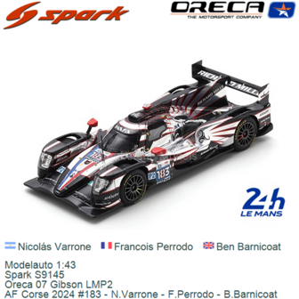 Modelauto 1:43 | Spark S9145 | Oreca 07 Gibson LMP2 | AF Corse 2024 #183 - N.Varrone - F.Perrodo - B.Barnicoat