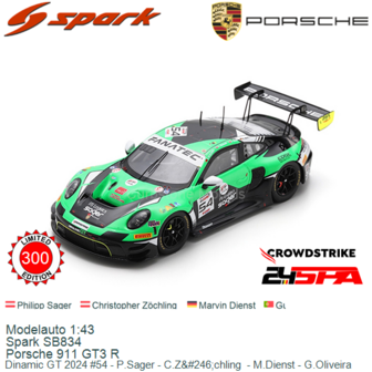 Modelauto 1:43 | Spark SB834 | Porsche 911 GT3 R | Dinamic GT 2024 #54 - P.Sager - C.Z&amp;#246;chling  - M.Dienst - G.Oliveira