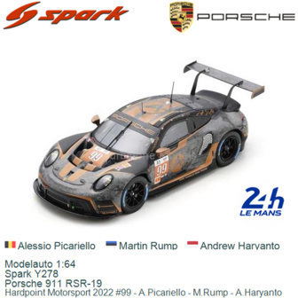 Modelauto 1:64 | Spark Y278 | Porsche 911 RSR-19 | Hardpoint Motorsport 2022 #99 - A.Picariello - M.Rump - A.Haryanto