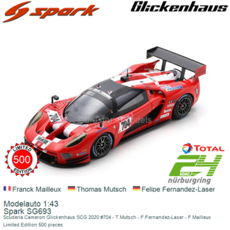 Modelauto 1:43 | Spark SG693 | Scuderia Cameron Glickenhaus SCG 2020 #704 - T.Mutsch - F.Fernandez-Laser - F.Mailleux