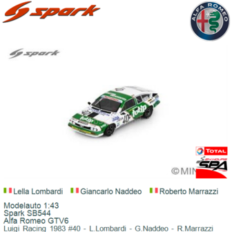 Modelauto 1:43 | Spark SB544 | Alfa Romeo GTV6 | Luigi Racing 1983 #40 - L.Lombardi - G.Naddeo - R.Marrazzi 