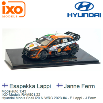 Modelauto 1:43 | IXO-Models RAM901.22 | Hyundai Mobis Shell i20 N WRC 2023 #4 - E.Lappi - J.Ferm