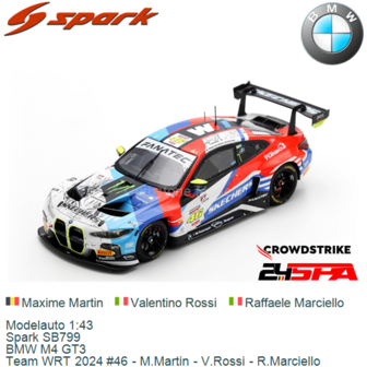 Modelauto 1:43 | Spark SB799 | BMW M4 GT3 | Team WRT 2024 #46 - M.Martin - V.Rossi - R.Marciello
