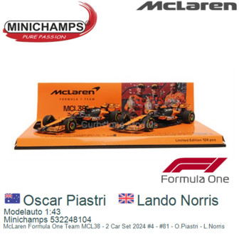 Modelauto 1:43 | Minichamps 532248104 | McLaren Formula One Team MCL38 - 2 Car Set 2024 #4 - #81 - O.Piastri - L.Norris