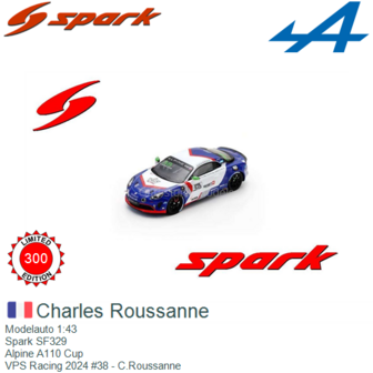 Modelauto 1:43 | Spark SF329 | Alpine A110 Cup | VPS Racing 2024 #38 - C.Roussanne 